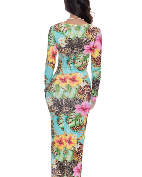 VISIONS OF PARADISE - Long Sleeve Keyhole Cut Out Maxi Dress • Multicolor