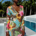 VISIONS OF PARADISE - Long Sleeve Keyhole Cut Out Maxi Dress • Multicolor